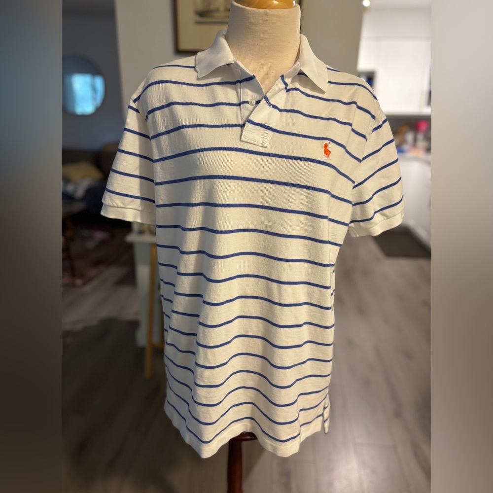 Ralph Lauren Men's Stripe Polo Shirt in White and Blue. Size M